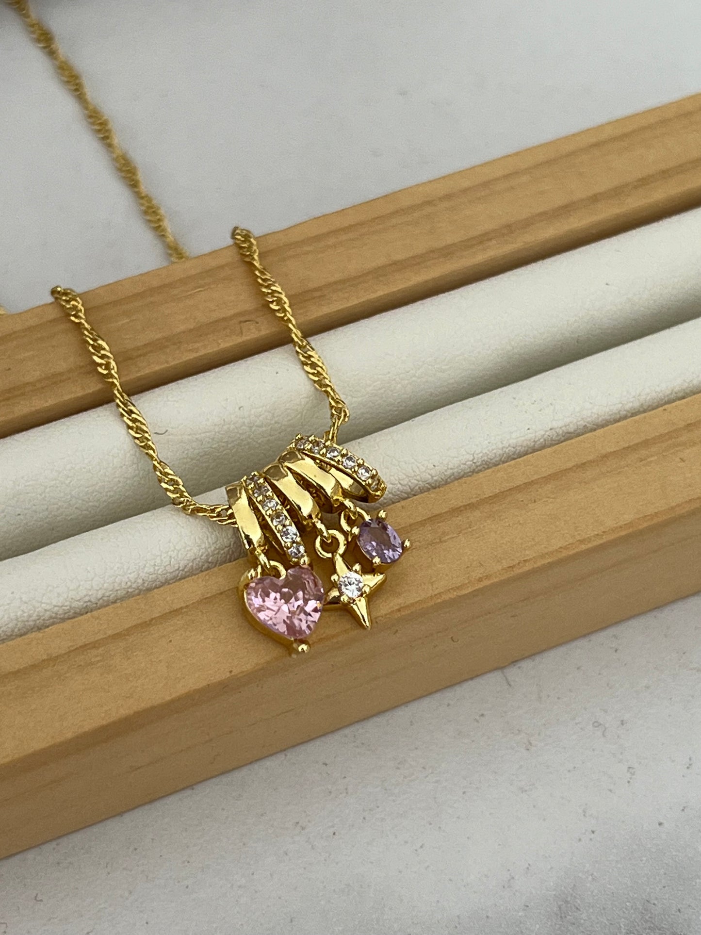 Cadena rodio  triple dije rosado