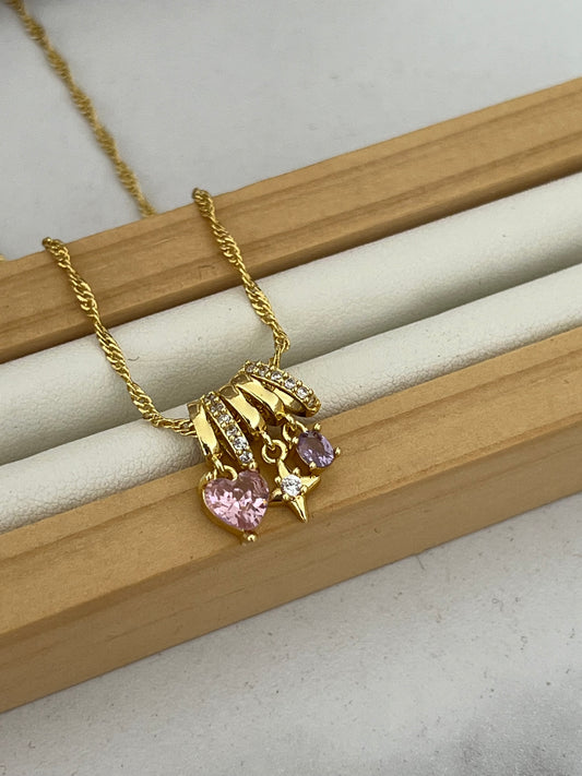 Cadena rodio  triple dije rosado