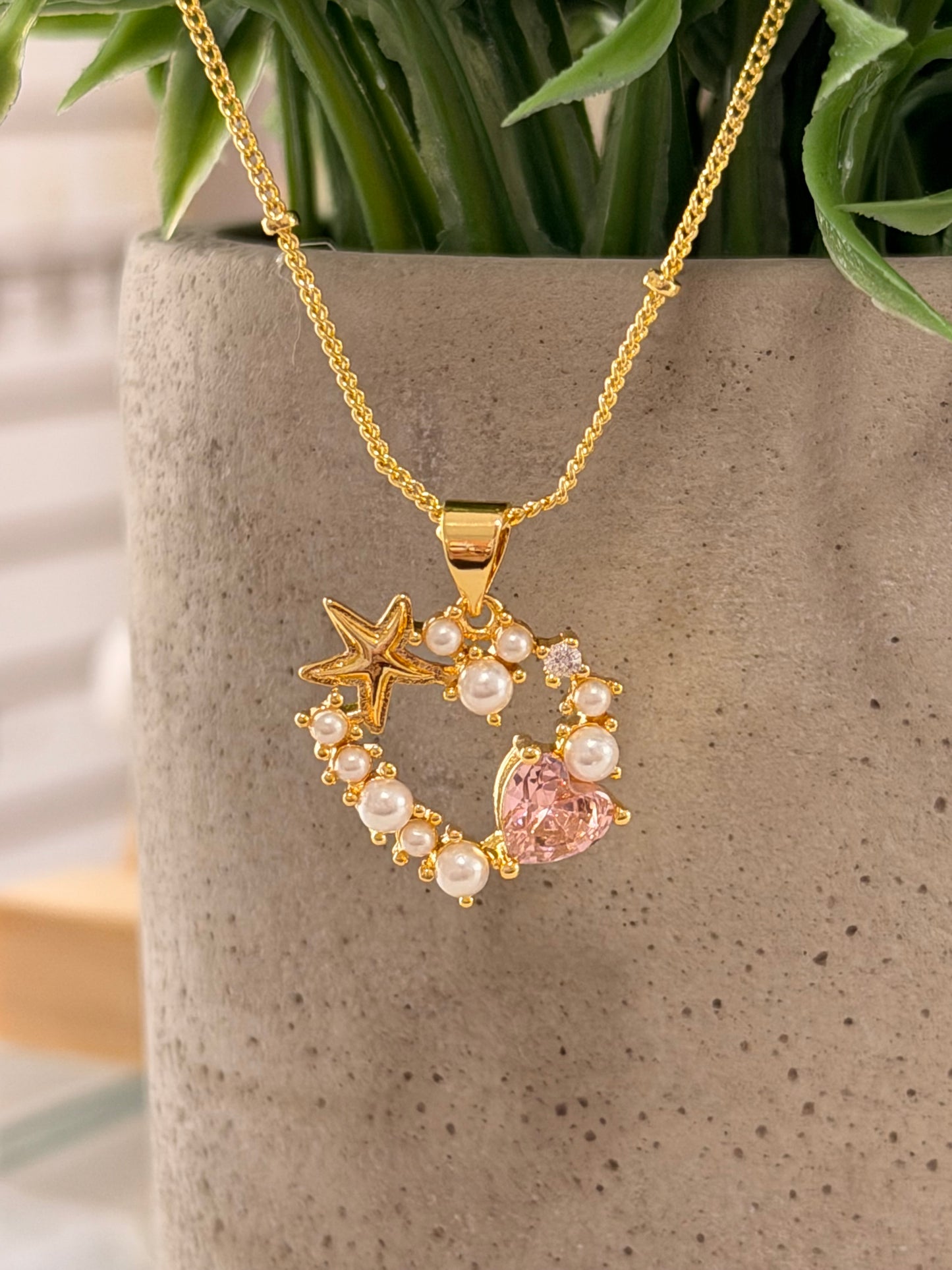 cadena corazon rosado y estrella