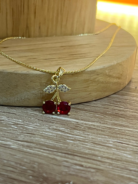 Cadena rodio cereza 2 hojas brillantes
